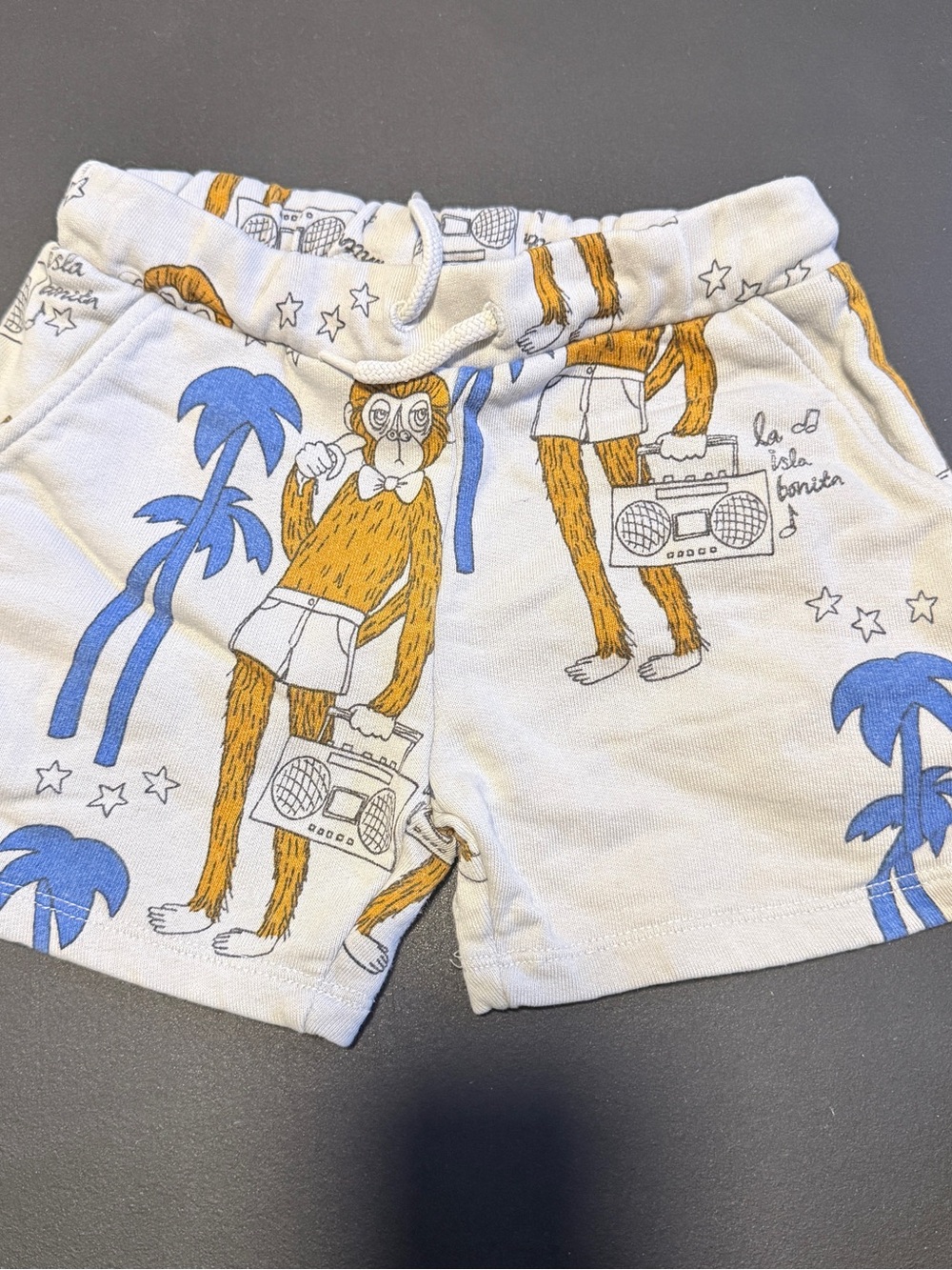 Mini Rodini White Shorts with Blue Palm and Orange Monkey Motif